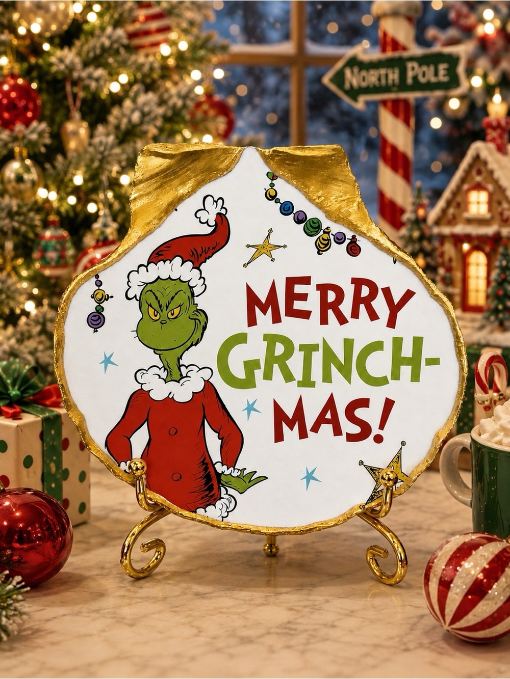Hand Crafted Merry Grinchmas Trinket Shell Dish 5”